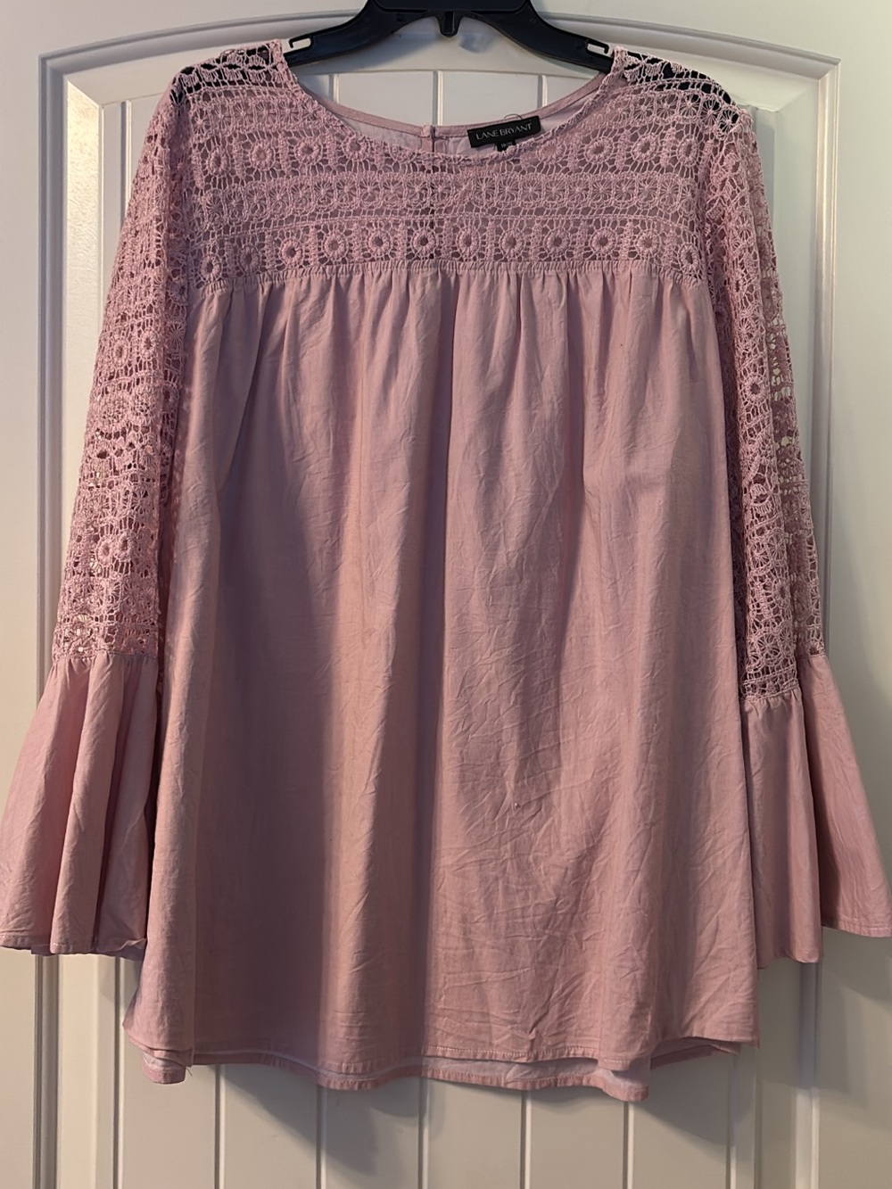 Lane Bryant Dusty Pink Crochet Yoke Bell Sleeve Blouse